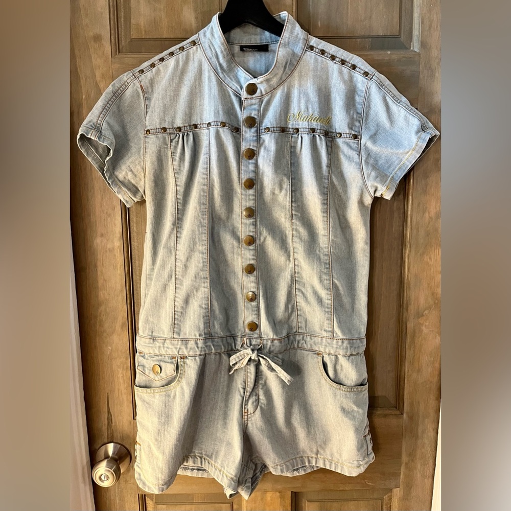 Early 2000s Makaveli branded washed denim romper / shorts jumpsuit
